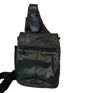 Black Multi Zippered Pockets Crossbody Faux Leather‎ Adjustable Strap 90s Y2K